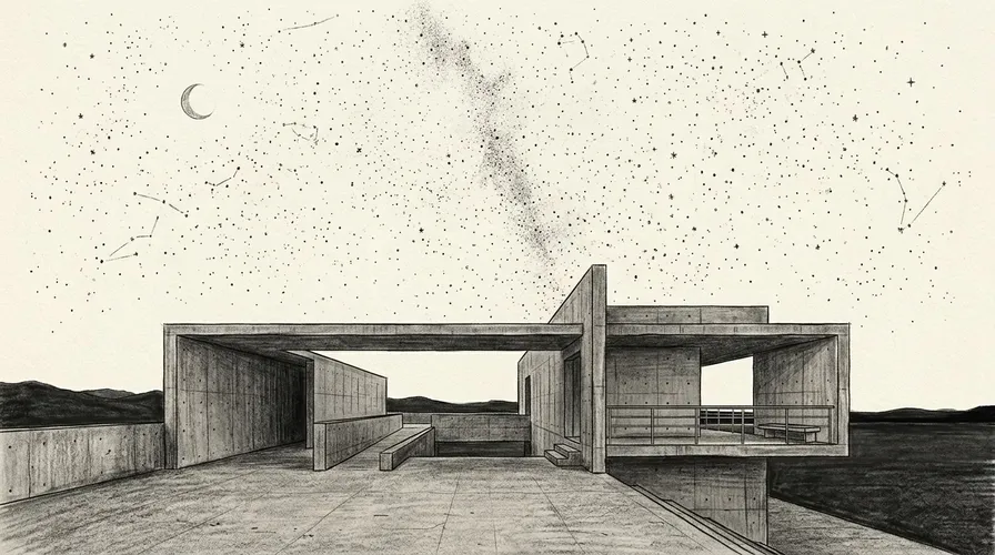 Aesthetic sketches of starry night sky and architectural liminal space